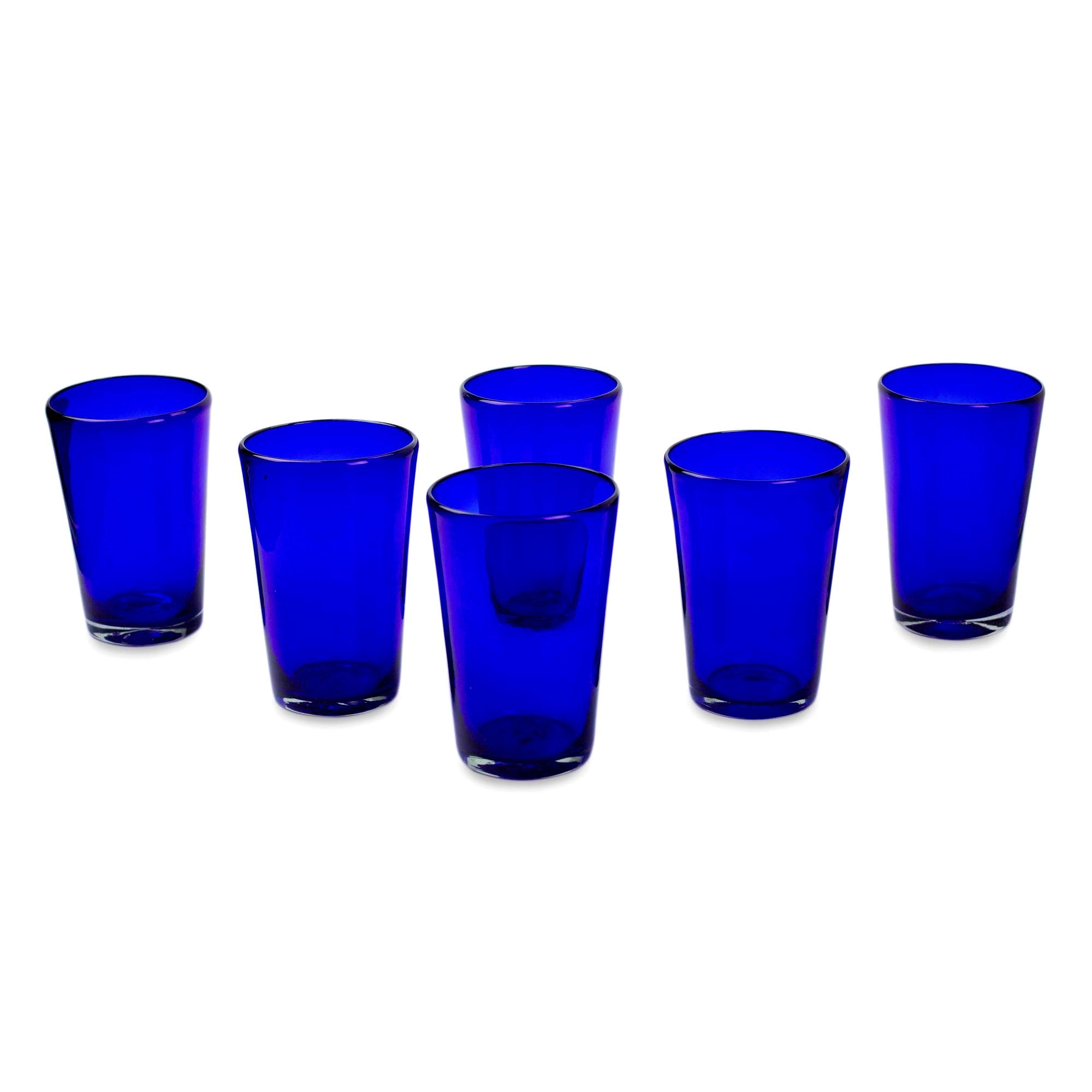 NOVICA Handmade Drinking Glasses Handblown Recycled Blue Tumbler Drinkware Set of 6 from Mexico 'Cobalt Angles'