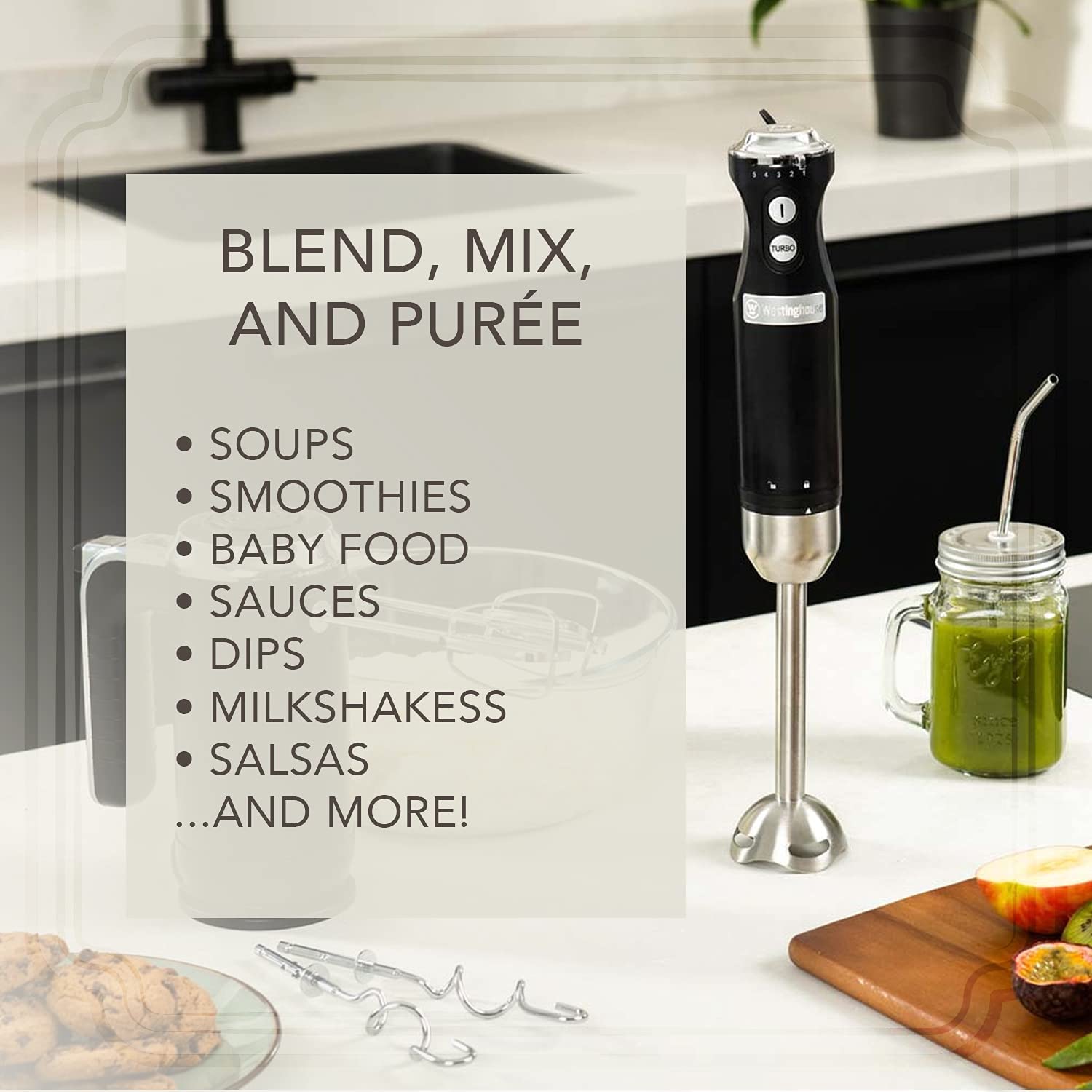 Westinghouse Hand Blender - 5-Speed Immersion Blender with Turbo Function, Stainless Steel Blades & Rod, 500W Power, Detachable Easy Clean Design, Best for Smoothies & Soups - Retro Appliance, Black