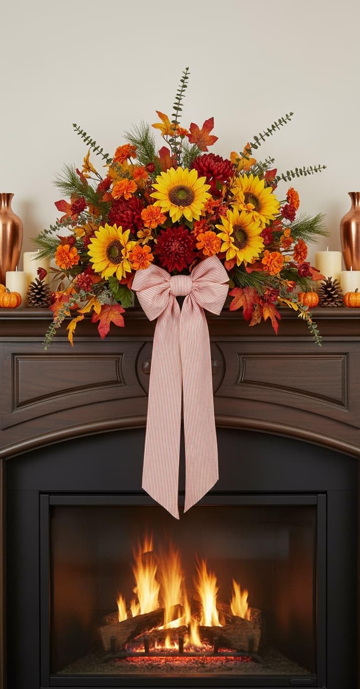 Orange Striped Wreath Sash - Fall Thanksgiving Bow for Door Decoration | 5.12" Wide x 54" Long