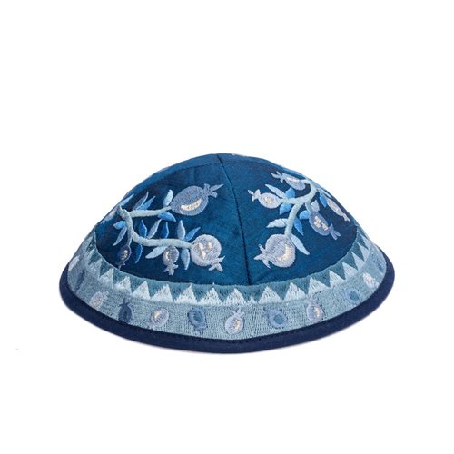 Yair Emanuel Kippah - Embroidered - Pomegranates - Blue