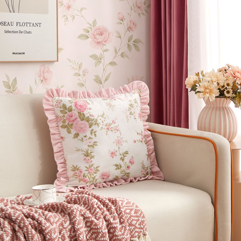 16x16 Floral Ruffle Throw Pillow - White Decorative Cushion for Home