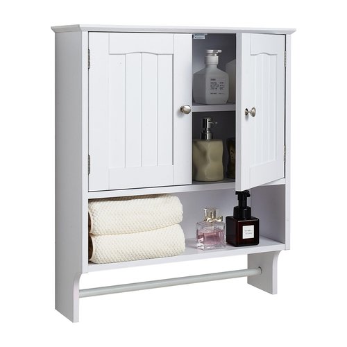 VEVOR Bathroom Wall Cabinet, 23" W x 27" H Storage Medicine Cabinet Wall Mounted, Hanging Organizer with Open Partition and Towel Bar for Laundry Room Kitchen, White