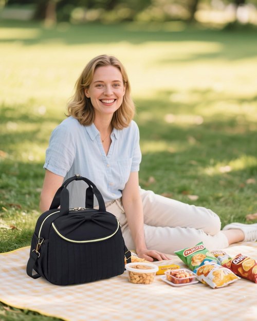 Bluboon Lunch Box for Women，Large Insulated Lunch Bag with Shoulder Strap，Adult Lunch Tote Teacher Nurse, Bow Lunch Cooler Gifts for Work Picnic Travel, Black (Black)