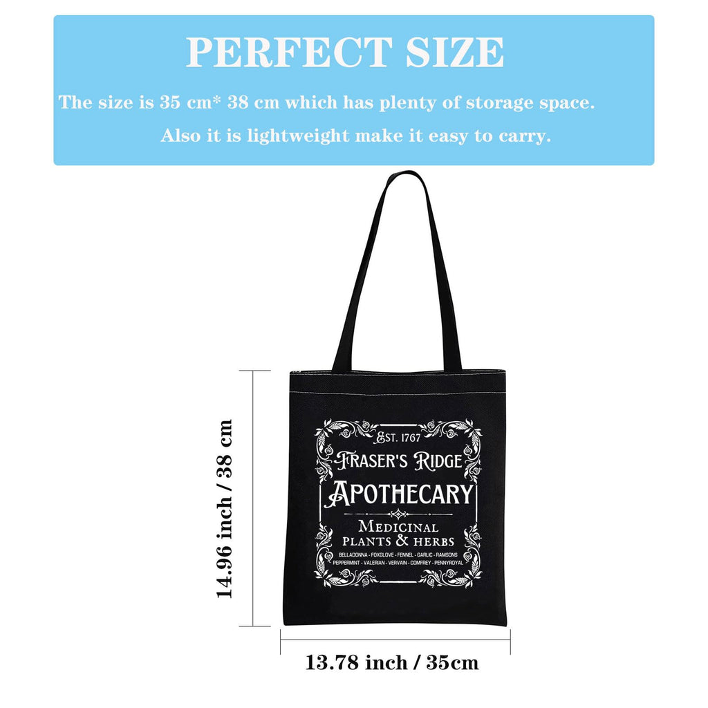Tv Show Inspired Gift Book Merchandise Fraser's Ridge Apothecary Est. 1767 Tote Bag for Jamie Fraser Fans (Fraser’s Ridge ToteBLK)