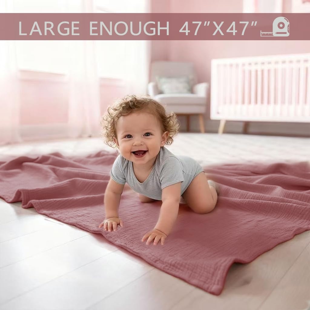 breebleep Muslin Swaddle Blankets for Baby Girl - 3 Pack 47x47 Inch Large Receiving Blankets, Soft Breathable Cotton Nursery Swaddles for Newborn, Infant & Todler, Pink