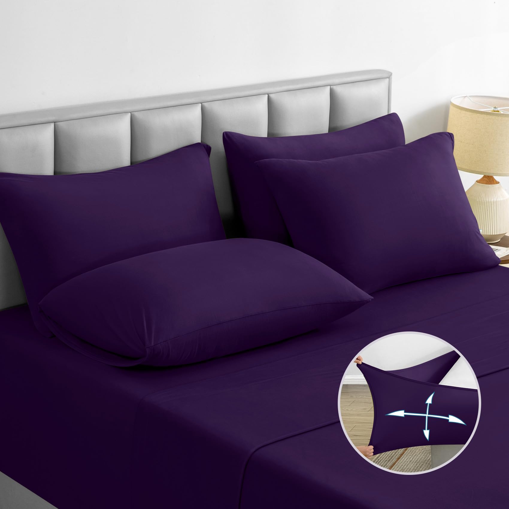 BYSURE 6 Pieces Non-Slip Super Soft Bed Sheet Set(Queen, Purple), Wrinkle-Free and T-Shirt-Like Spandex Blend Sheets with 18-inch Deep Pocket, 4-Way Soft Stretch Bed Sheets