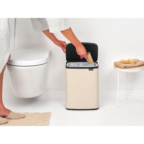 Brabantia Bo Small Lift-Open Trash Can | 3.2 Gal / 12L | Soft Beige | Free Standing Bedroom, Bathroom, Nursery Trash Can, Removable Inner Bucket, Non-Slip Base | +Trash Bags