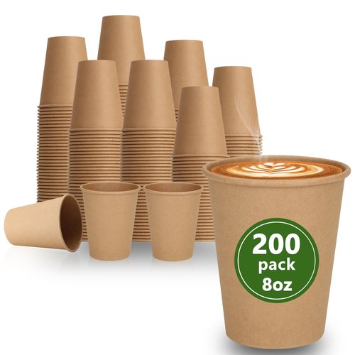 PULOSPACK 200 Pack 8 oz Brown Disposable Paper Coffee Cups, Durable Leak-Proof Kraft Paper Cups for Hot/Cold Drinks, Unbleached Paper Cups for Home, Office, Party, Cafes, Events