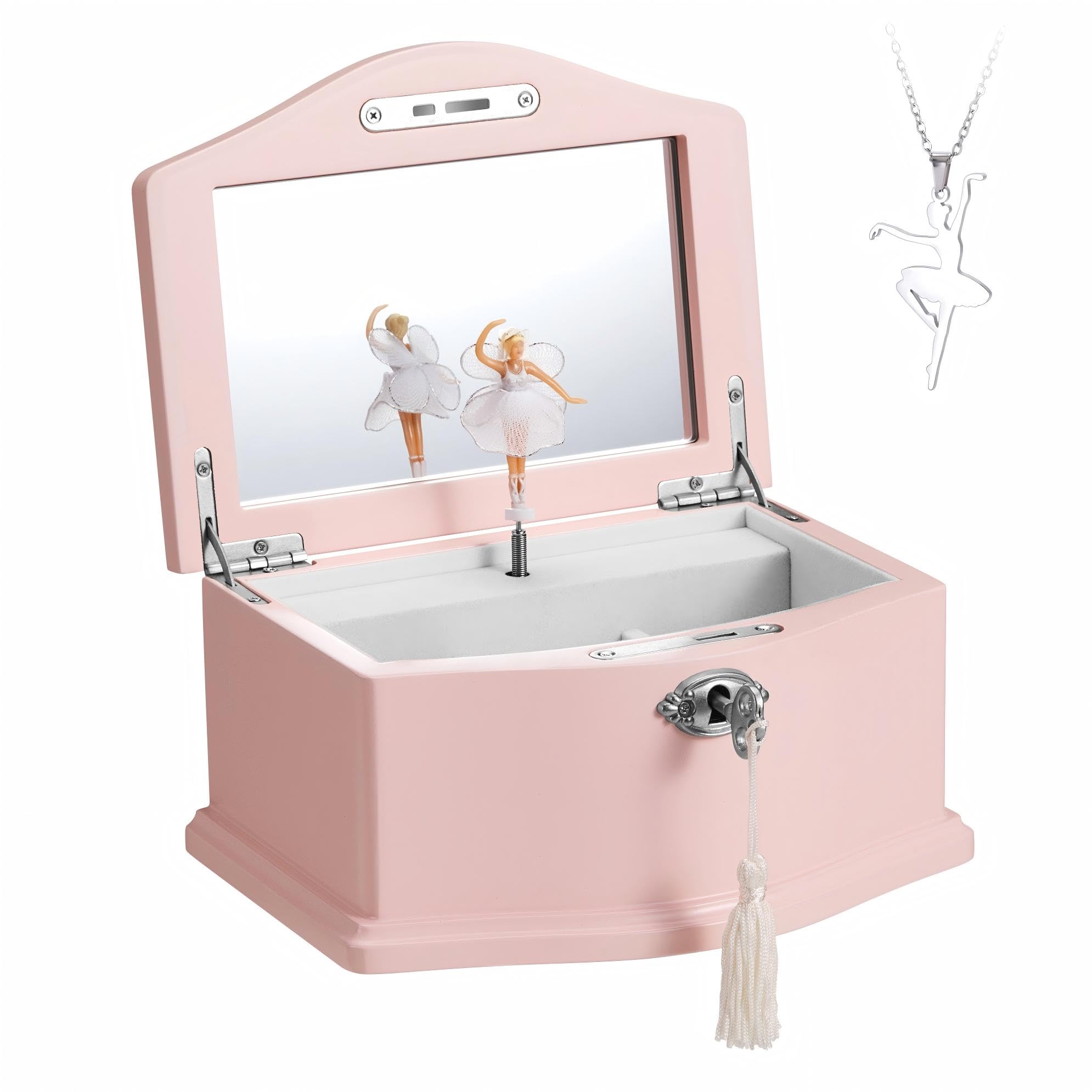 Lihou PapaQ Pink Ballerina Musical Jewelry Box for Girls, Wooden Jewelry Storage Chest with Mirror & Lock, Swan Lake Tune Spinning Ballerina Music Box, Ideal Kids Gift for Christmas & Holidays