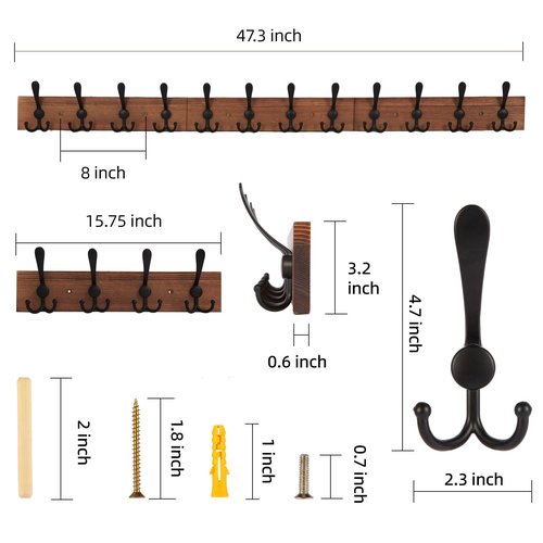 Homagic Wall Mount Coat Rack 47.3'' Burnt Brown Hanger - Rustic Towel Rack for Bathroom, Living Room - Hooks for Coats, Hats, Clothes