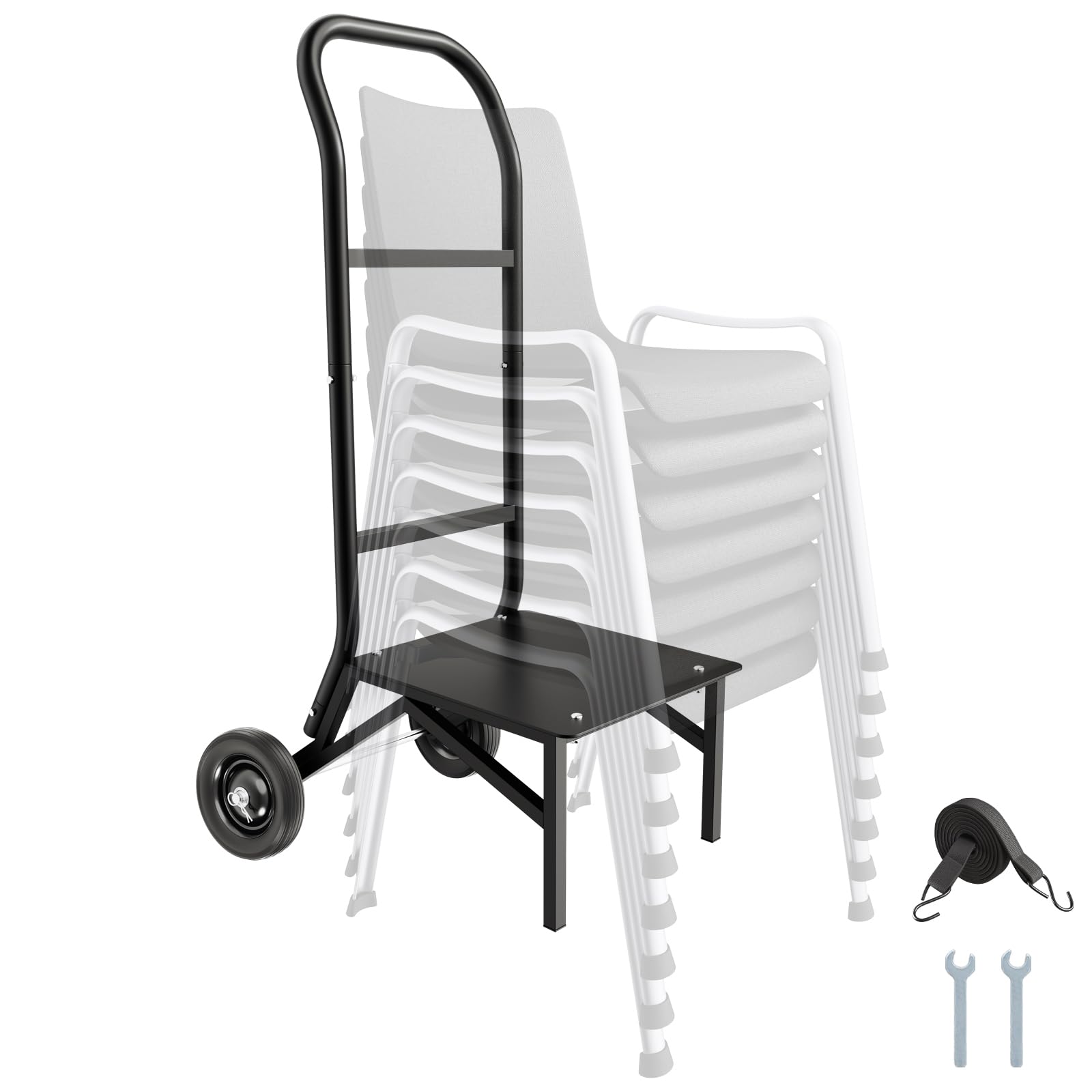 VEVOR Folding Chair Rack, 150 LBS Capacity, Heavy-Duty Chair Cart for Stacking 10 Chairs, Multi-Function Metal Chair Storage Dolly with Rubber Wheels, Push-Style Chair Holder, Matte Black