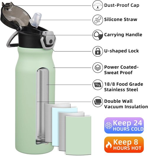 BJPKPK Insulated Water Bottle - 25oz Stainless Steel Flask with Straw & Carry Handle - Sage Color