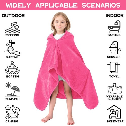 Hiturbo Kids Hooded Bath Towel: 100% Cotton Soft Thick Absorbent Towels Wrap - 50"x30" Shower Beach Pool Wearable Blanket for 3-12 Yrs Boys Girls - Pink