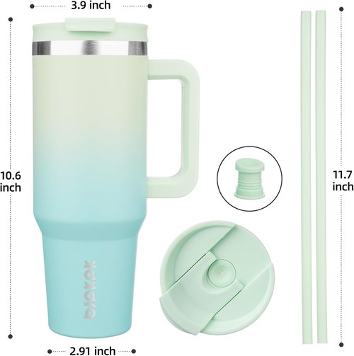 BJPKPK 40 oz Insulated Tumbler - Stainless Steel Cup With Lid, Straw & Handle - Mint Color