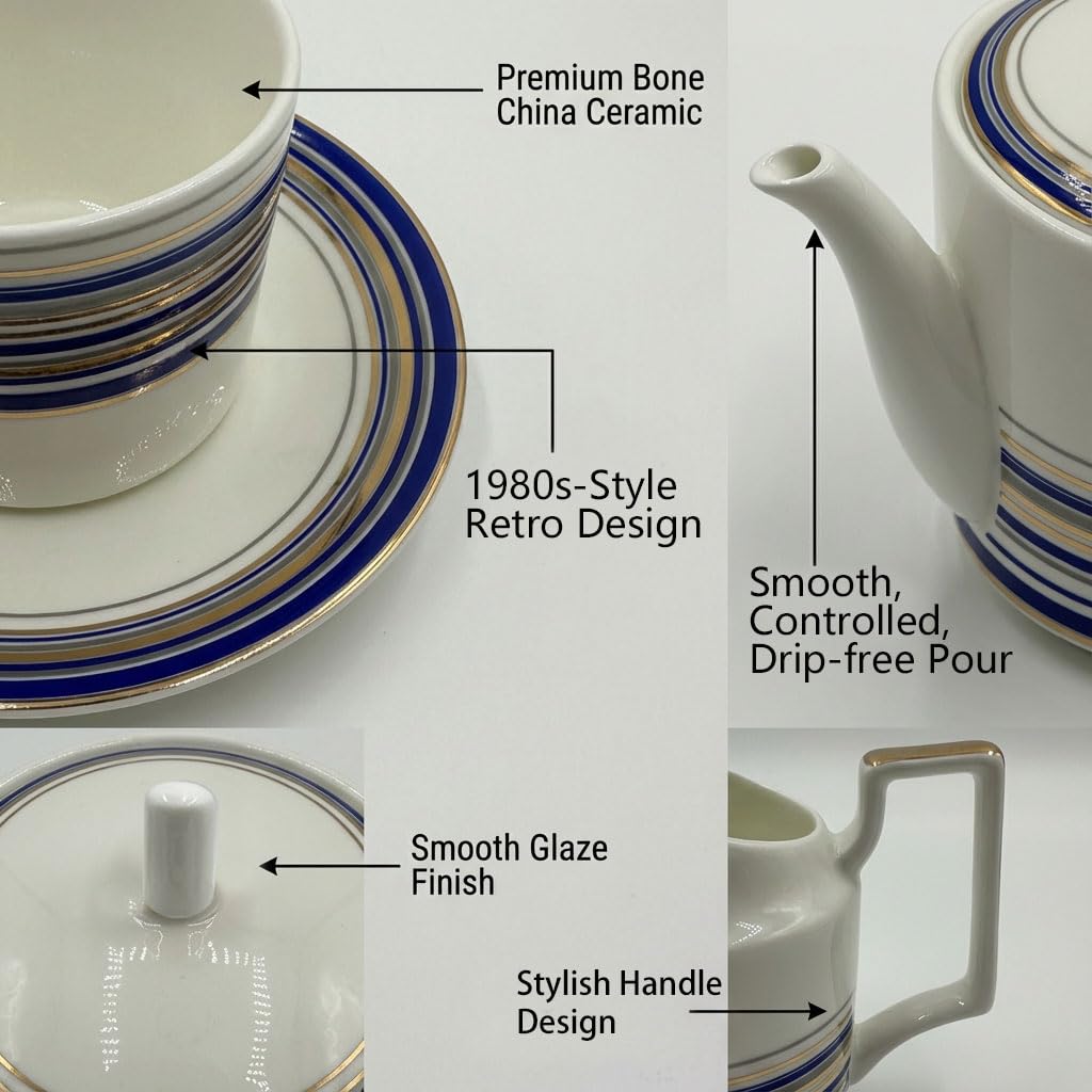 Vintage Tea Sets for Adults, Porcelain Complete Tea Sets - Golden&Blue Trim British Coffee Cups& Saucer Service for 4 with Teapot,Sugar Bowl,Creamer Pitcher for Gifts Kitchen&Party
