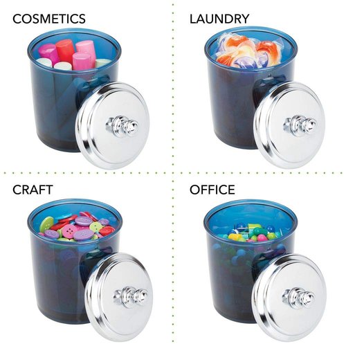 mDesign Bathroom Vanity Storage Organizer Apothecary Canister Jar for Cotton Balls, Swabs, Makeup Sponges, Bath Salts, Hair Ties, Jewelry - Dark Blue/Chrome Lid