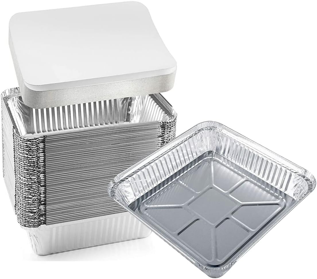 Aluminum Trays with Lids - 9x9 Disposable Foil Pans for Catering & Baking | 30 Pack Silver