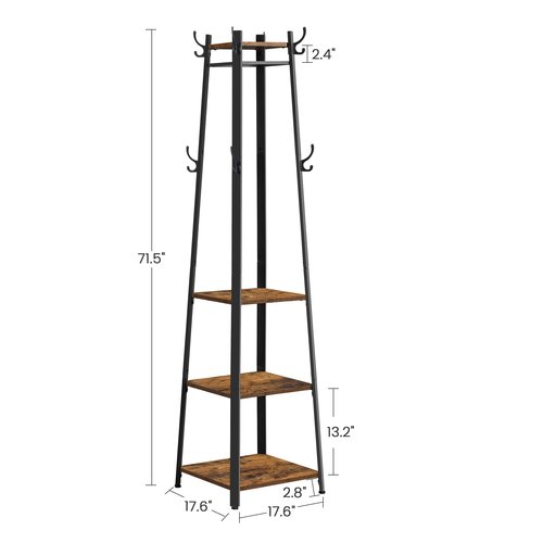 VASAGLE Coat Rack, Coat Stand with 3 Shelves, Hall Tree Free Standing with Hooks for Scarves, Bags, Umbrellas, Steel Frame, Industrial Style, for Entryway, Living Room, Rustic Brown and Black ULCR80X