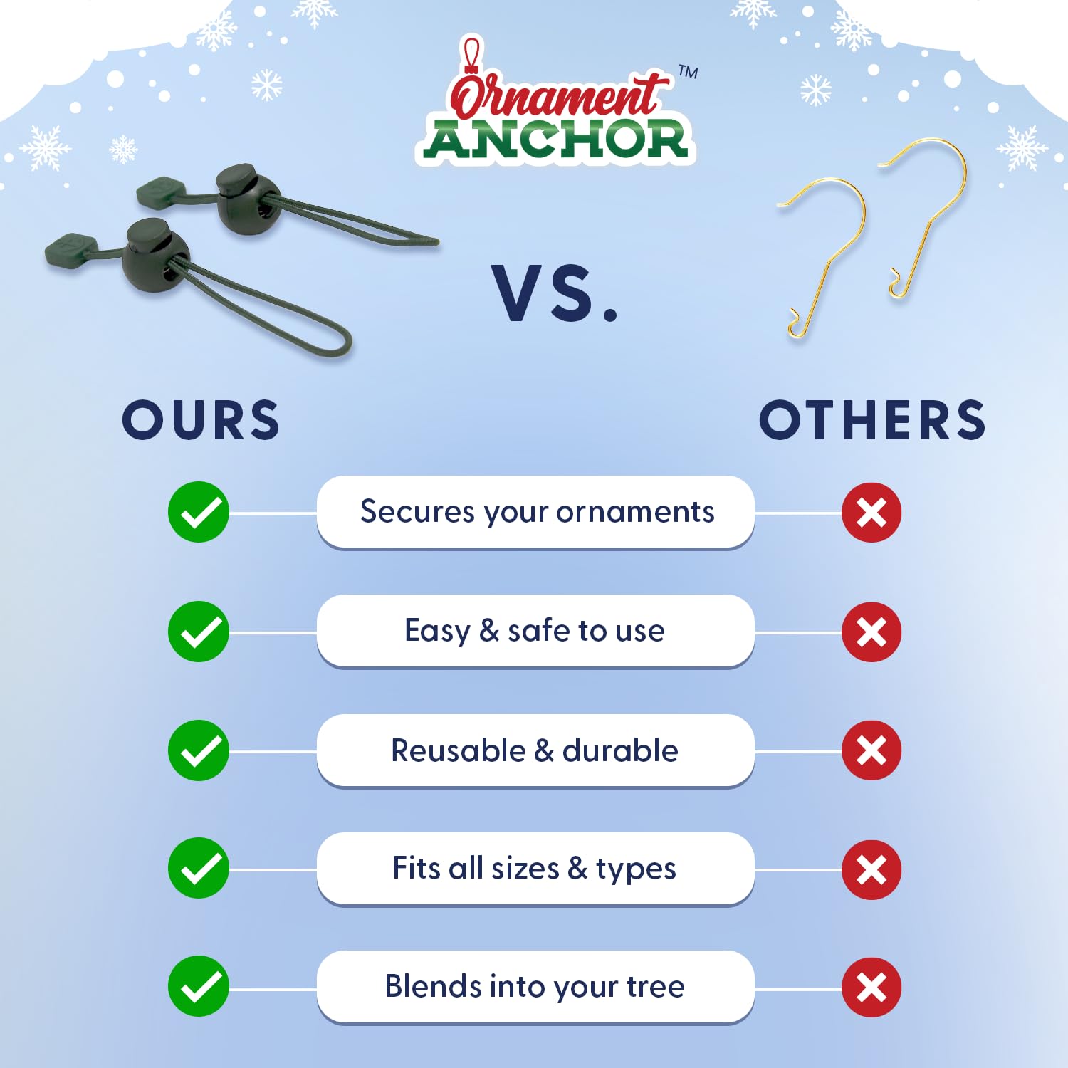ORNAMENT ANCHOR Ornament Hooks for Hanging Christmas Decorations - No-Slip Hanging Hooks for Xmas - Heavy Duty Christmas Tree Ornaments Hanger Hooks for Large 36 Silver