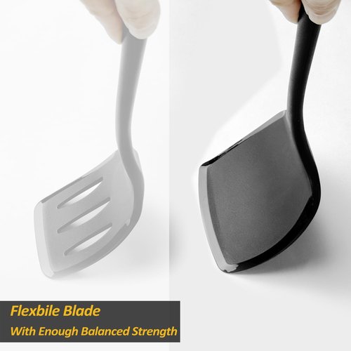 Silicone Pancake Spatula Turner with Lengthened Handle& Seamless Design, Heat Resistant Cooking Spatulas for Nonstick Cookware, Large Flexible Kitchen Utensils, Flipper for Egg, Pancake, Burger, Black