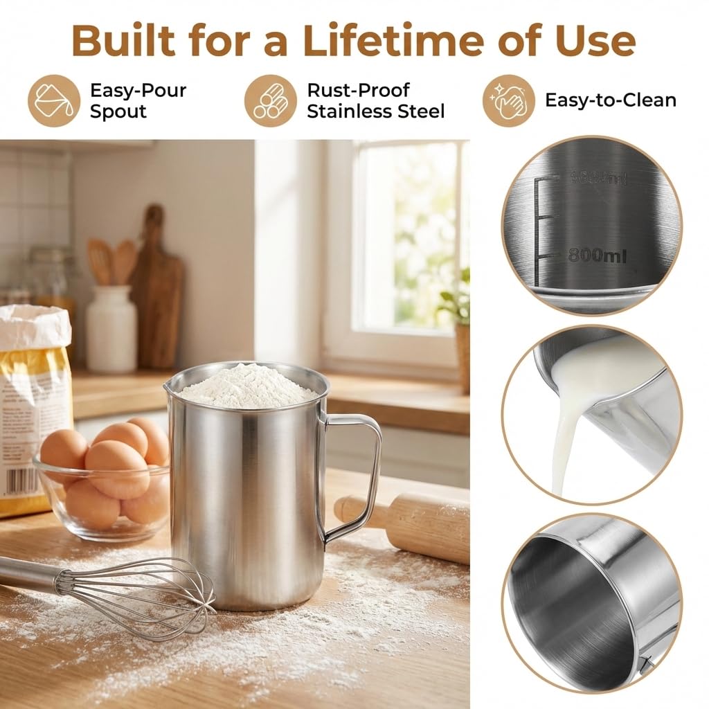 Veemoon Large Stainless Steel Measuring Cup, 1000ml/32OZ Metal Embossed Measuring Pitcher with Handle and Scale Coffee Milk Frothing Pitcher Latte Art Cup for Science Experiments Kitchen Liquid Mixing