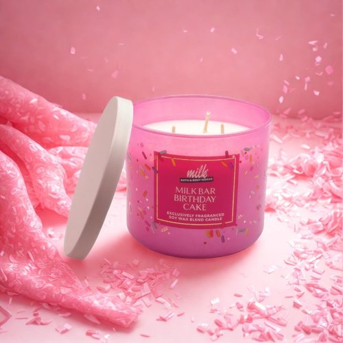 Bath & Body Works Milk BAR Birthday Cake 3-Wick Scented Candle 14.5 oz – 2025 Limited Edition – Gift Set with 30-Inch Metallic Gold & Silver Striped Bow for Birthdays & Holidays