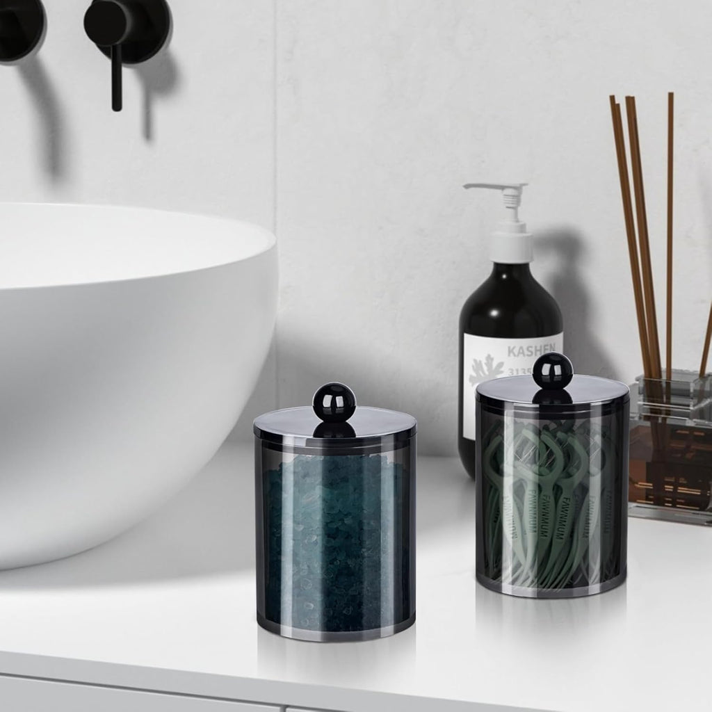 XIPENGKEJI Qtip Holder Set - Stylish Apothecary Jars with Lids for Bathroom Organization | 10oz-12oz Black Canisters