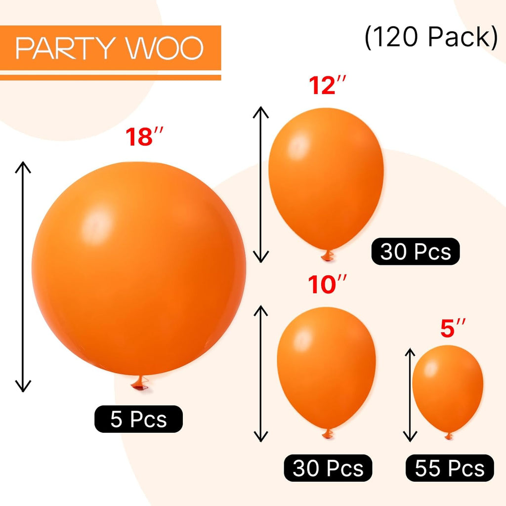 PartyWoo Orange Balloons - 120pcs Matte Fall Balloon Arch Kit | 18", 12", 10", 5" Sizes for Thanksgiving & Baby Showers