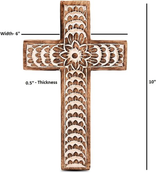 EDHAS Mango Wood Family Cross Decor - White Floral Carved Design | Home Decoration (10" x 6" x 0.5")