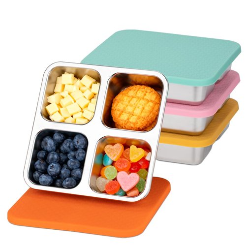JUSTASHOW 4 Pack Stainless Steel Snack Containers with Lids, 4 Compartment Snack Container Small Lunch Box, Lunch Divided Food Storage Portion Control Meal Prep Reusable Snackle Lunchable for Work