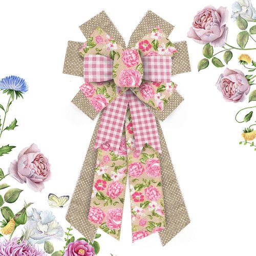 Hying Large Spring Flower Bow - Pink Natural Burlap for Wreaths & Front Door Decor