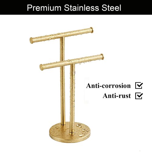 Hand Towel Holder, NEWRAIN Double Countertop Hand Towel Holder Stand, Stainless Steel Free Standing Hand Towel Rack with Heavy Base, for Bathroom Kitchen & Counter top, Brushed Gold