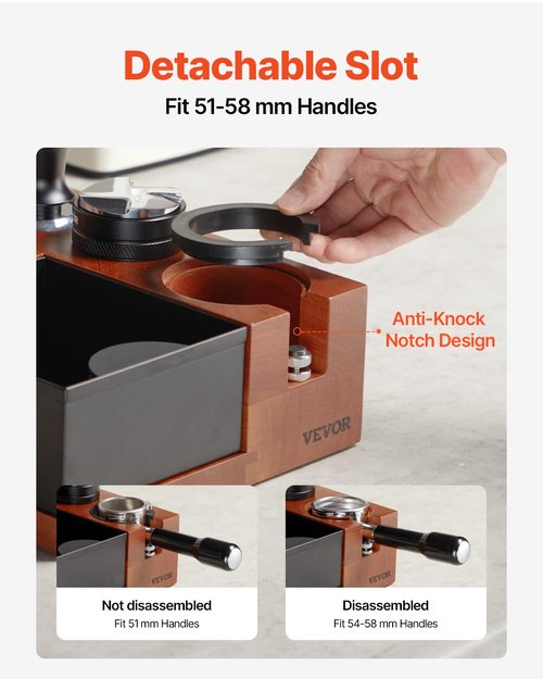 VEVOR Espresso Tamping Station, Sapele Wood, 9-in-1 Multifunctional Tamping Station with Detachable Slot, Easy to Clean Espresso Knock Box with Non-Slip Base, Fits for 51-58 mm Handles