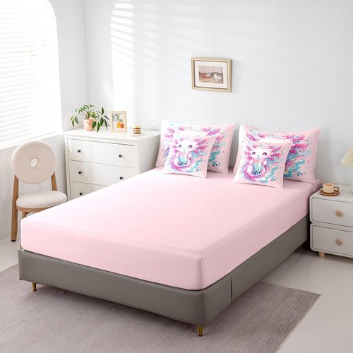 Erosebridal Axolotl Comforter Cute Salamander Pattern Kawaii Bedding Set 7 Pieces Twin Size Sweet Dessert Milk Tea Sheet Set Ocean Beach Coastal Flat Sheet for Kids Girls Boys Bedroom Decor,Pink