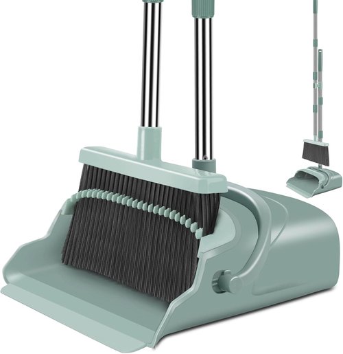 Kelamayi Upgrade Broom and Dustpan Set - Large Size with Long Handle for Indoor & Outdoor Use | Green
