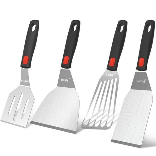 Beijiyi Stainless Steel Spatula Set, 4 Pack Small Metal Turner Spatulas for Kitchen Use, Cooking Utensils with Silicone Handle, Flipper Spatula for Fish, Egg, Smash Burger and Cookie Serving