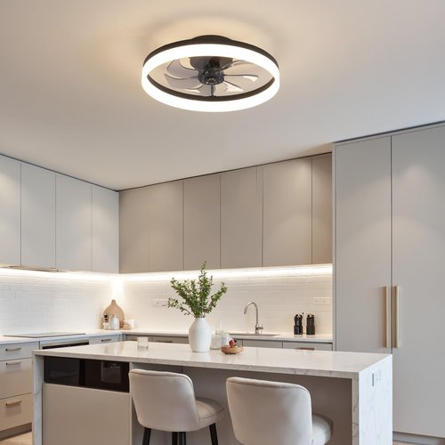 PUSU 15.8" Low Profile LED Ceiling Fans with Light, Reversible Flush Mount with Remote and 6 Winds Speeds Fan Lighting, 3 Colors Dimmable for Bedroom, Garage, Kids, Dinning Room, Kitchen (Black)