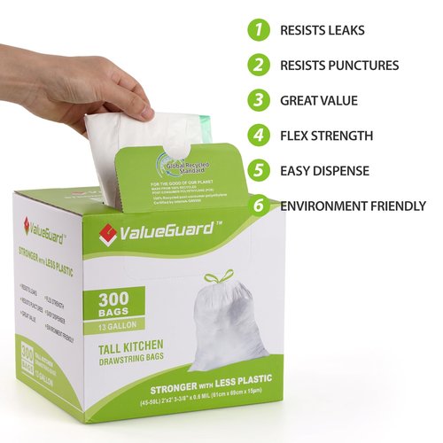 ValueGuard Large Trash Bags 13 Gallon Tall Drawstring 100% Post-Consumer Recycled Garbage Bag Waste Bag for Kitchen Office 0.6 Mil (300 Count)