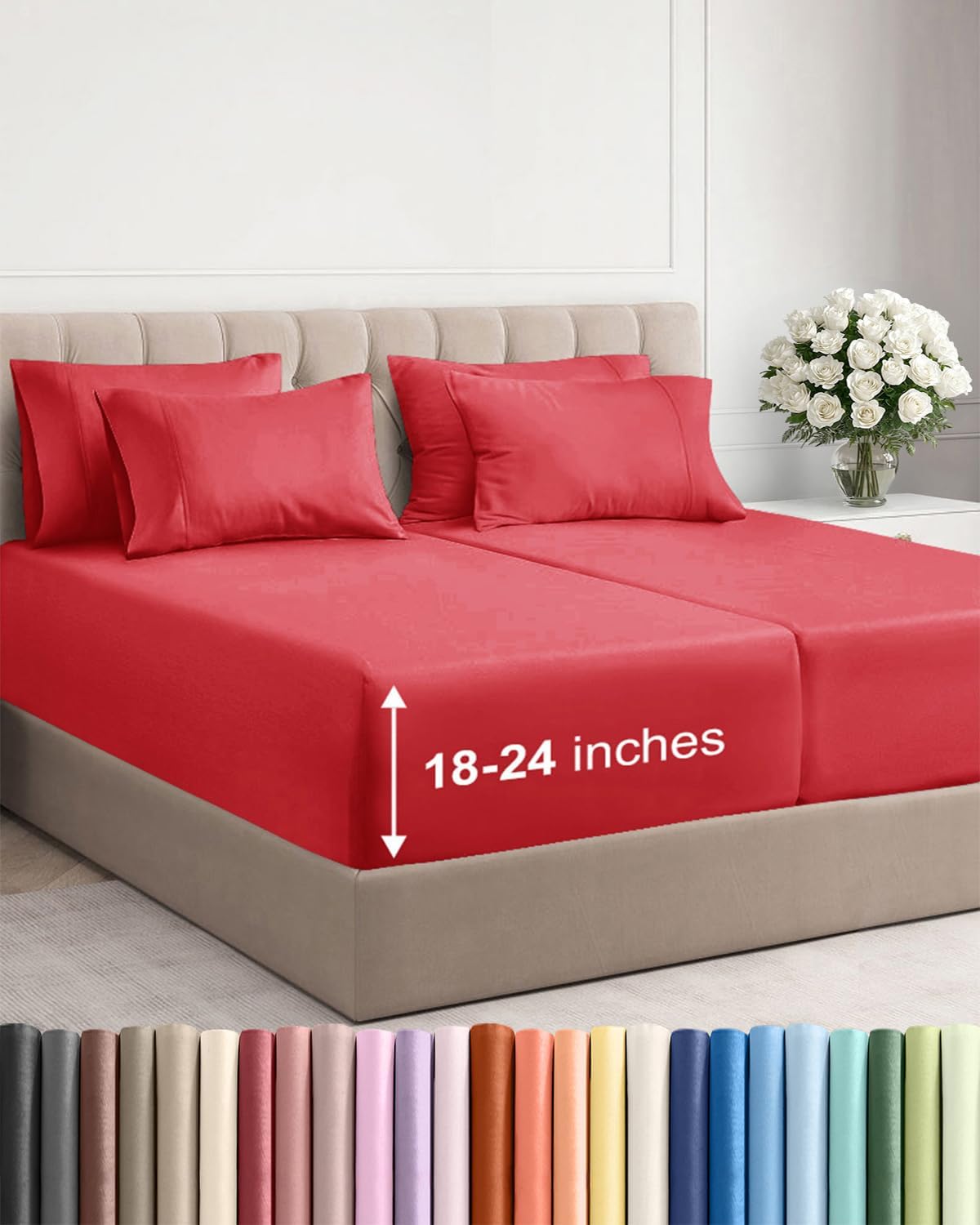 Skiennix Extra Deep Split King Sheet Set - 7 Piece Breathable Cooling Bedding - Soft, Wrinkle-Free Red