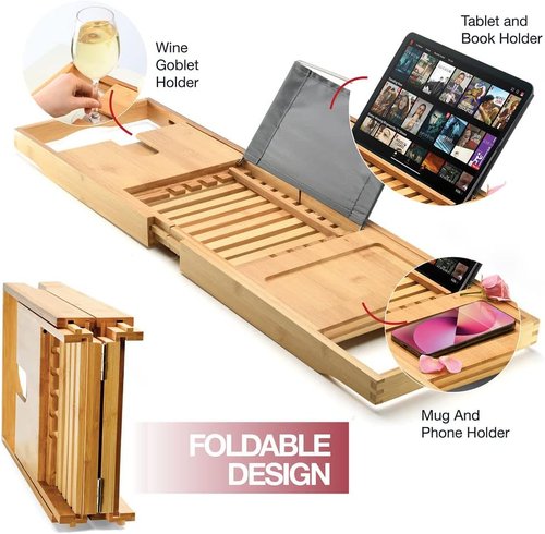 Luxury Foldable Bathtub Tray Caddy - Waterproof Wooden Organizer for Wine, Books & Phones | Expandable Size Fits Most Tubs