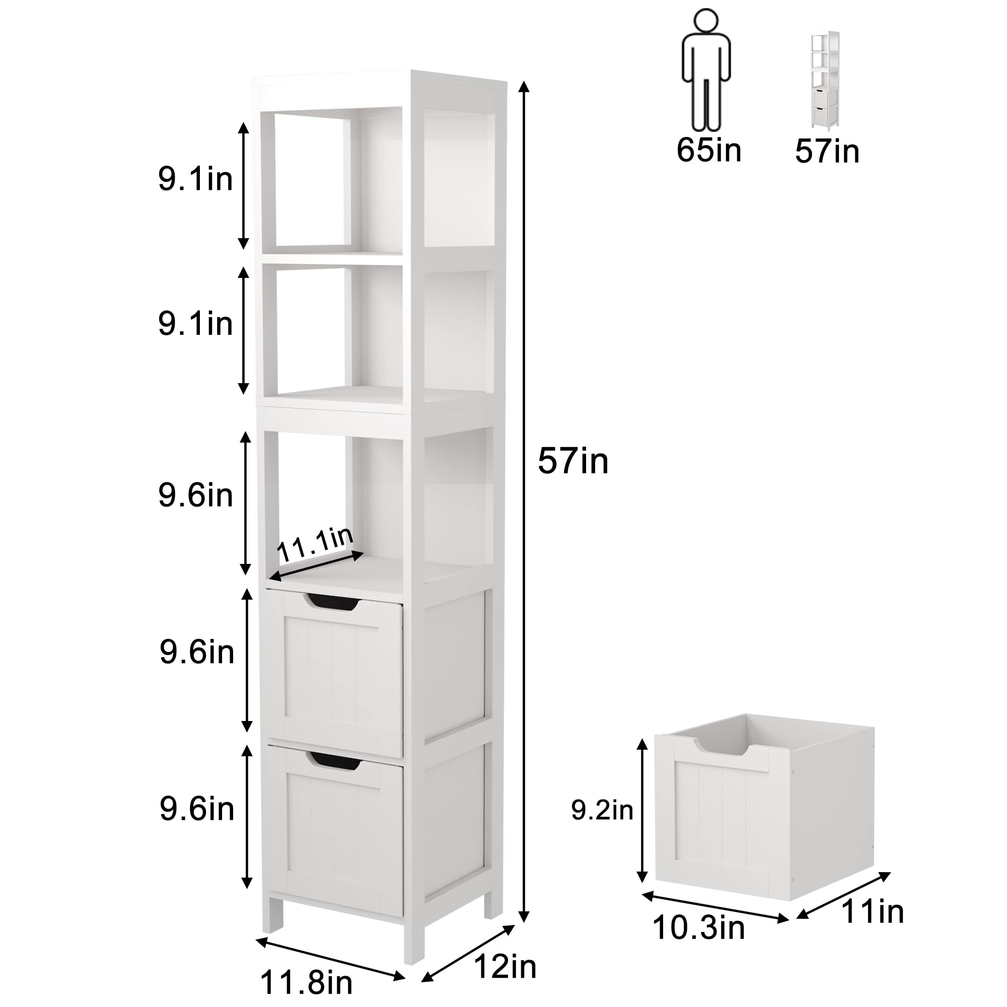 HOMEFORT Bathroom Storage Cabinet, Slim Tall Cabinet, Narrow Floor Cabinet Organizer, Wooden Linen Tower with 2 Drawers and 3 Shelves, Freestanding Cupboard White