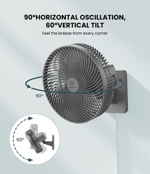 LEMOISTAR 10-Inch Wall Mounted Fan - Remote Control, 90° Oscillation, 4 Speeds | Quiet for Home & Office - Grey