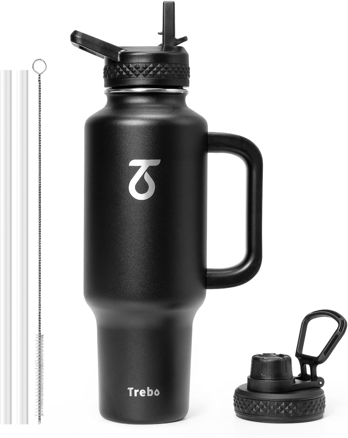 Trebo 40 oz Insulated Water Bottle - Stainless Steel Travel Flask with Handle & Leakproof Lid | Black