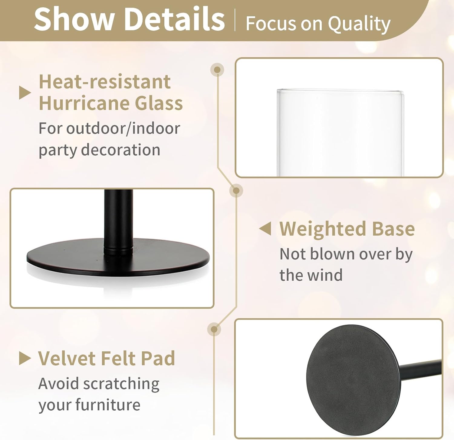 NUPTIO Black Candlestick Holders - Set of 3 Hurricane Taper Holders with Windproof Glass Cover for Elegant Table Decor