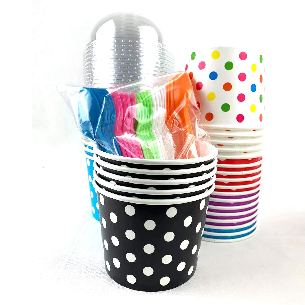 Worlds Paper Ice Cream Cups With Dome Lids No Hole and Plastic Spoons,Polka Dot 16OZ Mix 25 Set