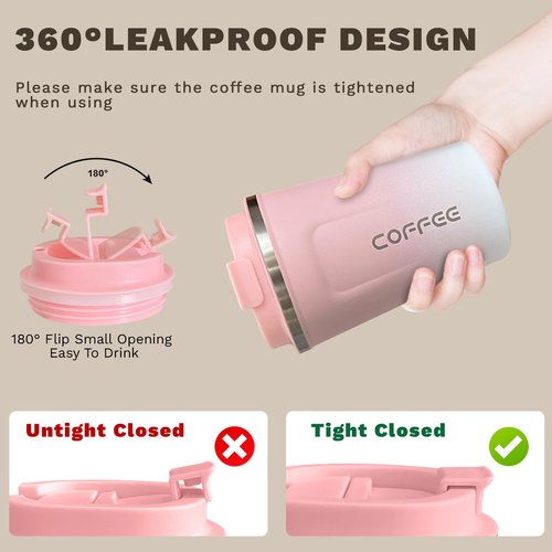 SPLMIFA Travel Coffee Mug Leak-Proof, Reusable Coffee Cups with Lids, Stainless Steel Vacuum Insulated Coffee Tumblers, Thermal Insulation Cup for Men and Women Hot & Cold Drinks(2nd-Pink White, 12OZ)