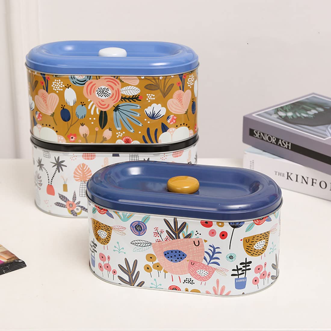 TUSIMI Tin Cookie Snack Jars Biscuit Storage Tin Canister Cookie Jar Home Kitchen Food Gifts Storage Containers with Lid for Biscuit Cookie Chocolates Toddler | Food-Safe (Floral D)