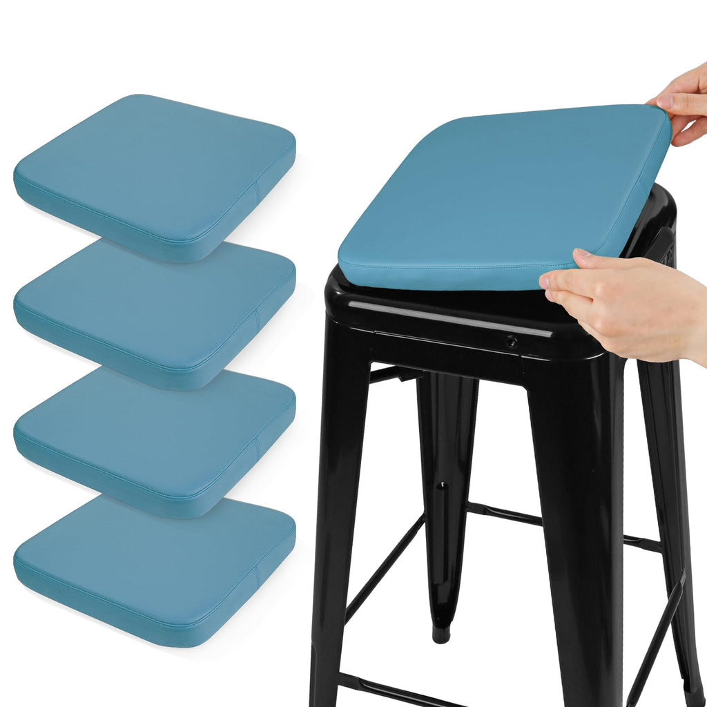 SINOSSO Modern Faux Leather Bar Stool Cushions 4 Pack, Leathaire Magnetic Small Chair Pads for Cafe Bistro Stackable Metal Stools (Square, Blue, 4)