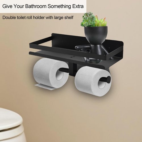 Matte Black Toilet Paper Holder with Shelf Wall Mounted,Stainless Steel Double TP Roll Tissue Holder for Bathroom(1, Matte Black)
