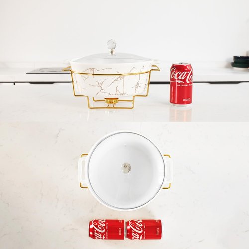 jinsongdafa 9-inch Ceramic Casserole with Glass Lid and Gold Rack, 2.6-Quart Stockpot, Buffet Hot Pot, Family Food Warming Tray, Party Catering Casserole